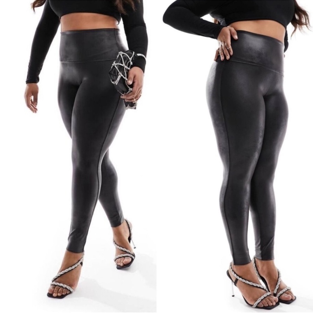 Spanx Women's Faux Leather Leggings 2X Black Ankle Full Length High Waist Plus